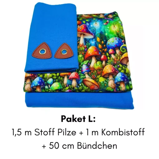 Stoffpaket French Terry mit bunten Pilzen türkis L