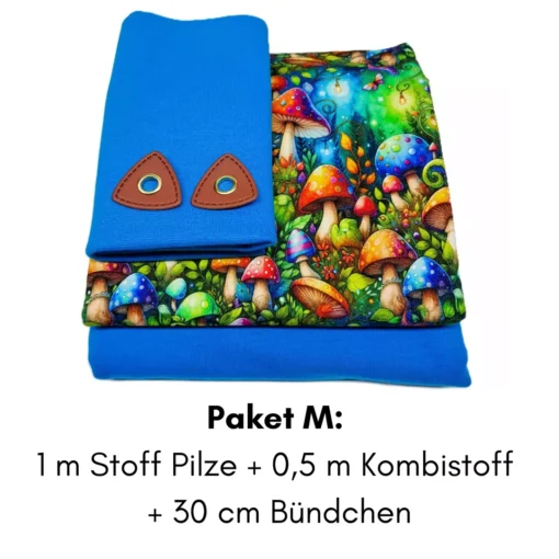 Stoffpaket French Terry mit bunten Pilzen türkis M