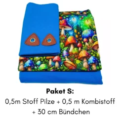 Stoffpaket French Terry mit bunten Pilzen türkis S