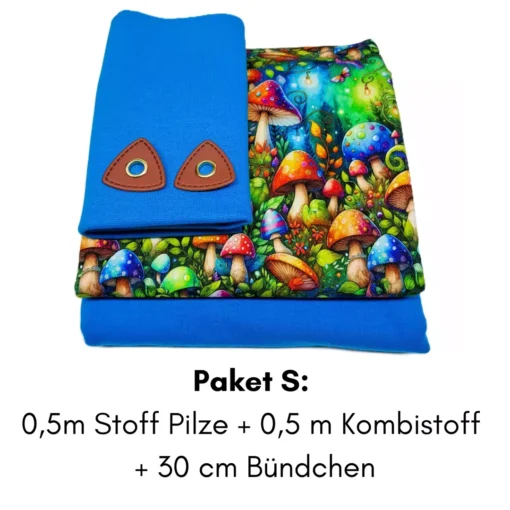 Stoffpaket French Terry mit bunten Pilzen türkis S